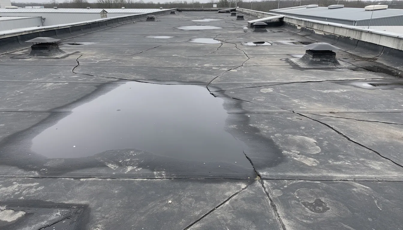 Besch&auml;digtes Flachdach mit Wasseransammlungen.