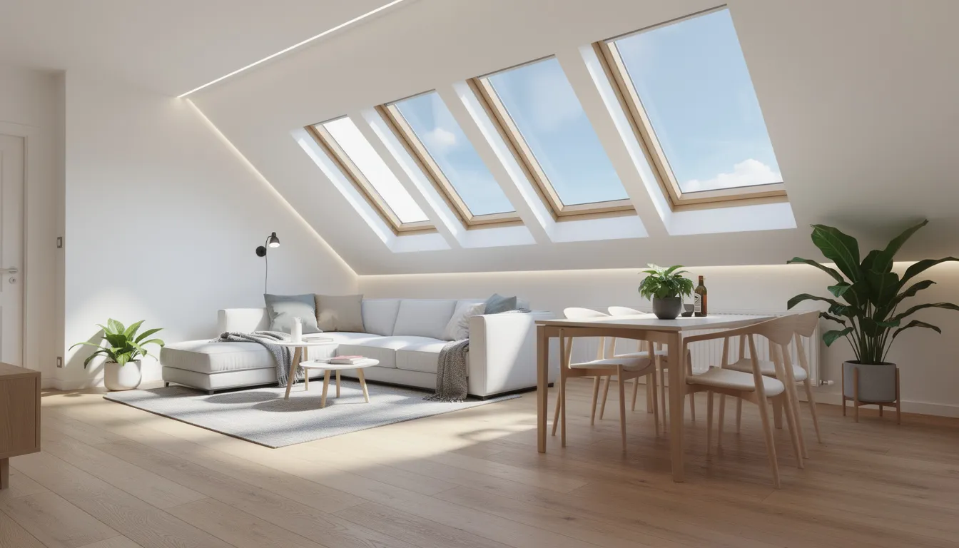 Helle Dachwohnung mit gro&szlig;en Dachfenstern.