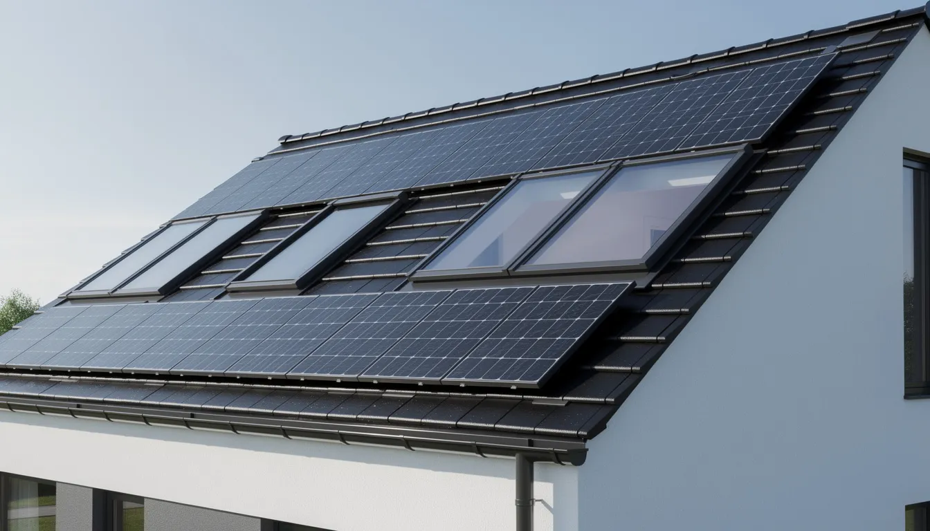 Modernes Steildach mit integrierten Solardachziegeln.