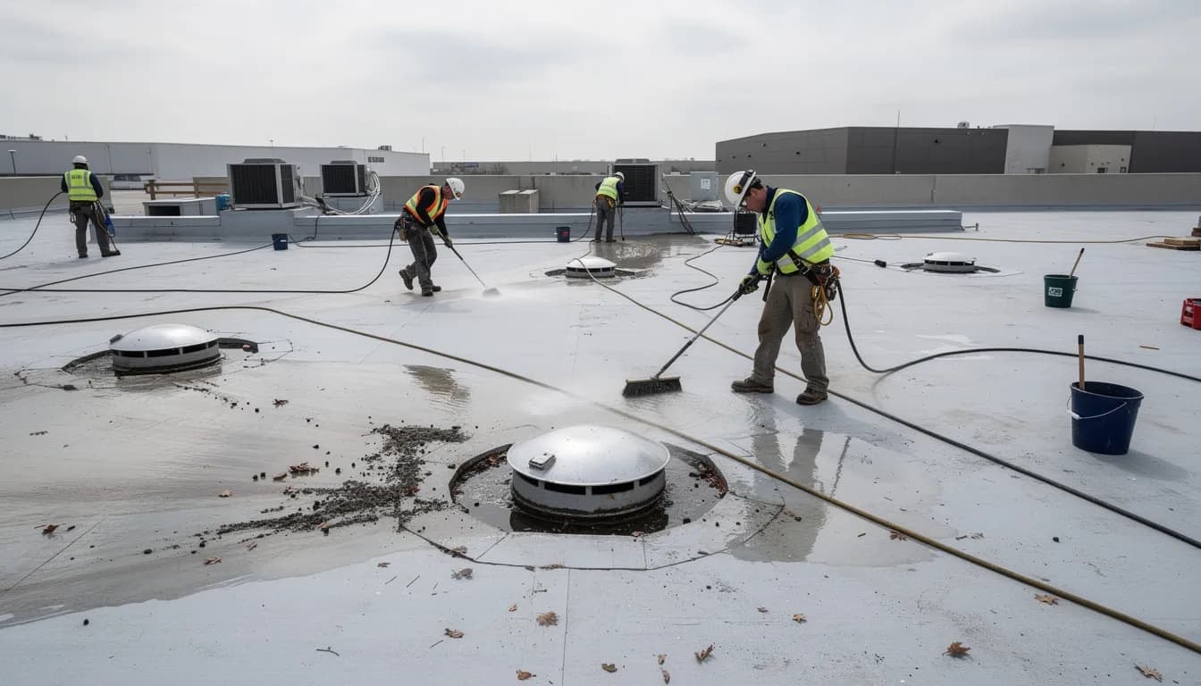 Ein Arbeiter reinigt ein Flachdach, auf dem Entwässerungseinläufe sichtbar sind. Diese wichtige Dienstleistung sorgt für die Funktionalität und den langfristigen Unterhalt des Daches, um Schäden durch Regen, Schnee und andere Umwelteinflüsse zu vermeiden.