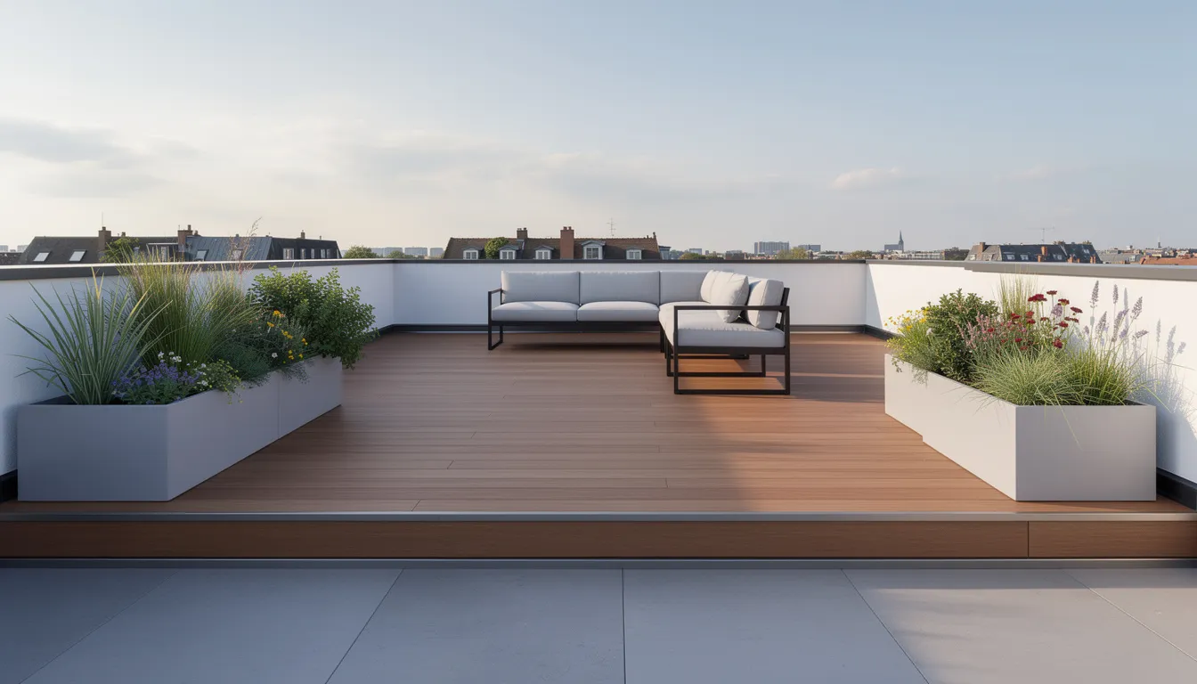 Dachterrasse mit Holzbelag und Begr&uuml;nung.