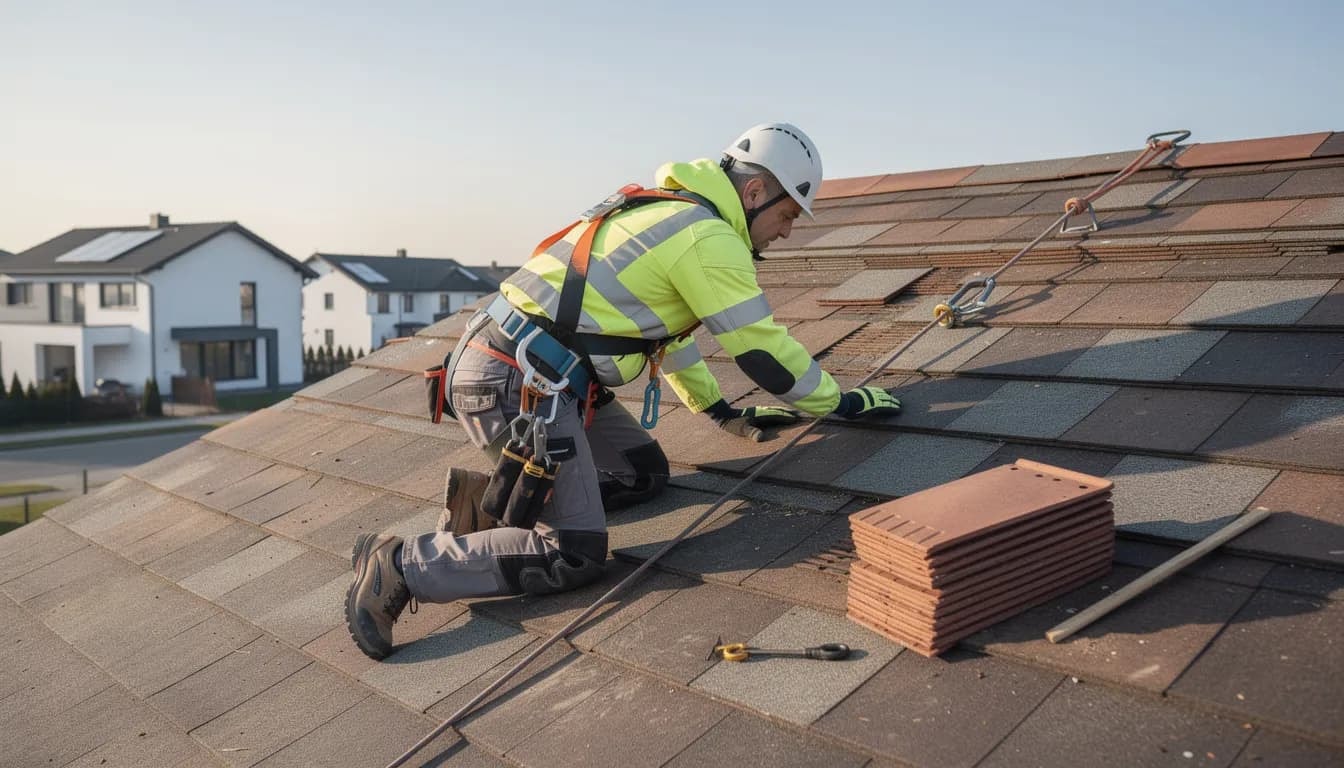 Ein Dachinspektor führt eine gründliche Kontrolle eines Steildachs durch, während er mit Sicherheitsausrüstung ausgestattet ist. Dabei prüft er den Zustand der Dachhaut auf mögliche Schäden durch Einflüsse wie Regen, Schnee und Wind, um die Funktionalität und Lebensdauer des Dachs zu gewährleisten.