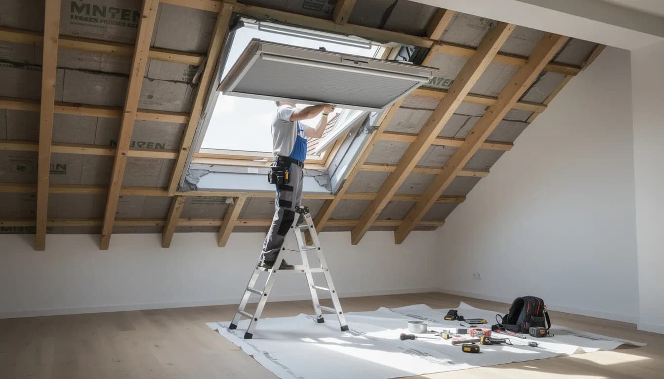 Der Einbau eines neuen Dachfensters mit Sonnenschutz durch Fachhandwerker.
