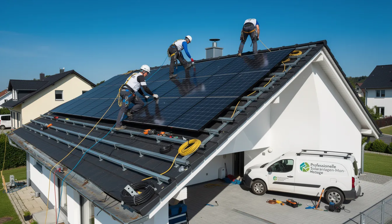 Ein professionelles Installationsteam montiert sorgfältig eine Solaranlage auf dem Dach eines Wohnhauses. Dabei achten sie auf die Qualität der Materialien und die Sicherheitsanforderungen, um eine funktionale und langlebige Lösung für die Mieter zu gewährleisten.