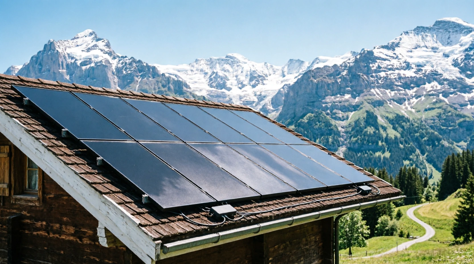 Dunkle Solarmodule auf einem alten Schindeldach eines Holzhauses vor schneebedeckten Bergen